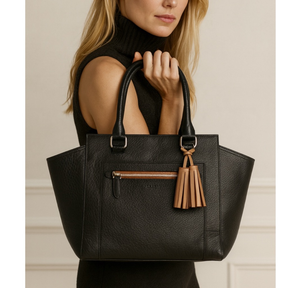 Coach Black Leather Tote with Tan Tassel